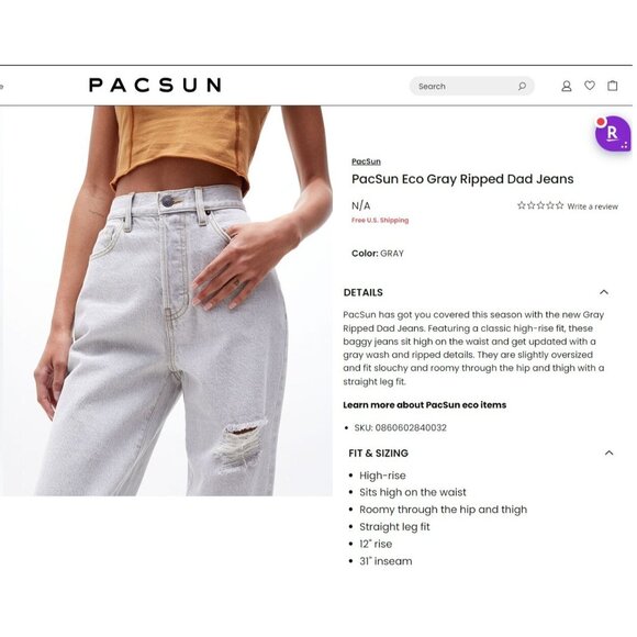 Pacsun Eco Gray Ripped Dad Jeans Size 26 Button Fly High Rise Baggy Slouchy Fit - Picture 10 of 11